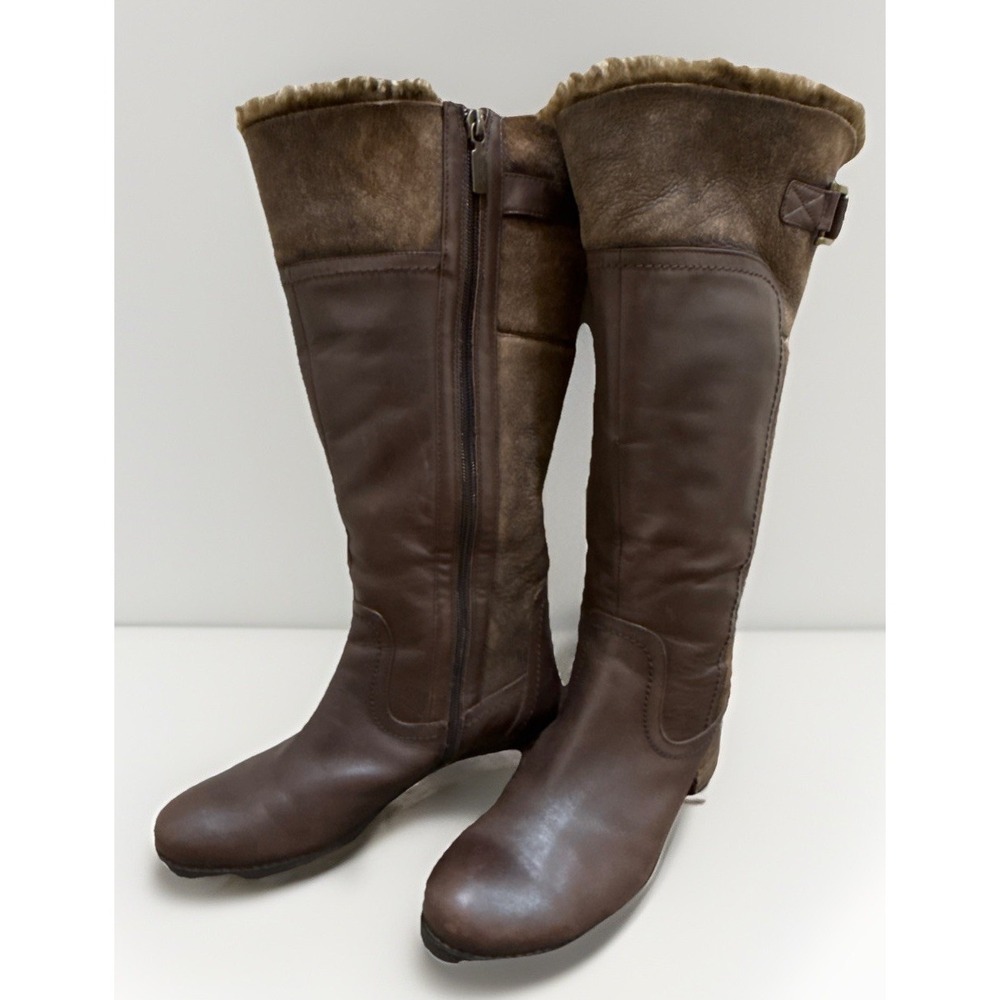 Blondo Ramya Tall Brown Leather Boots Womens Size 8.5M Side Zip Fleece Lined